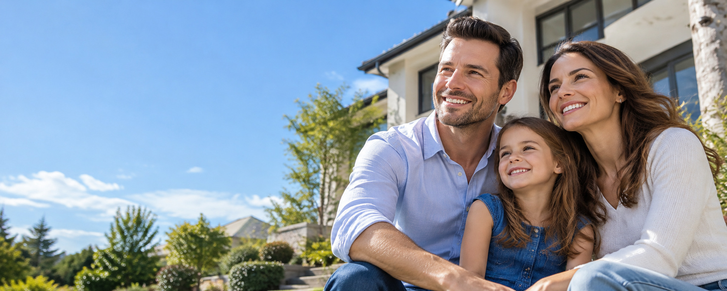Happy family together outside a modern home